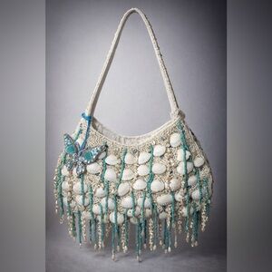 Fringe Beaded Shell Bag with Blue Accents